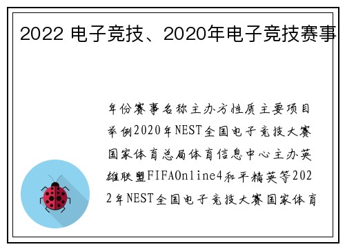 2022 电子竞技、2020年电子竞技赛事